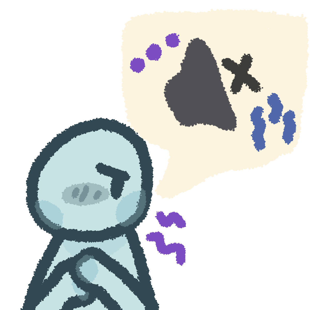 a light blue-grey person looking uncomfortable. a speech bubble is coming out of them and it has a muted speaker as well as ellipsis coming out of the speaker and three wiggly vertical blue lines